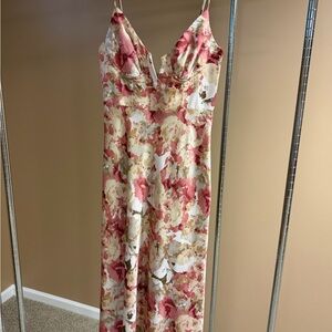 Floral Pink and Cream Maxi Slip Dress with V-Neck